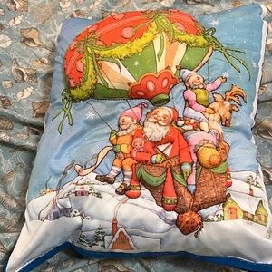 Festive Santa and Elves Holiday Pillow, handmade stitched
